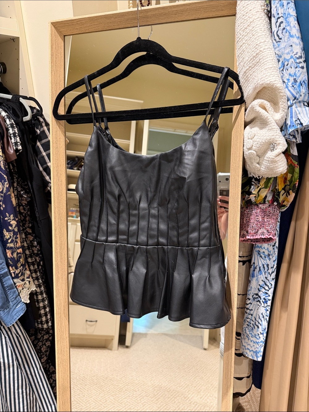En Saison Black Faux Leather Peplum Tank Top